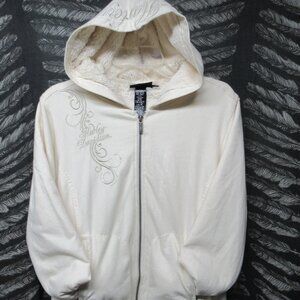 Winter White Fur Lined Embroidered Harley Davidson Zip Up Hoodie